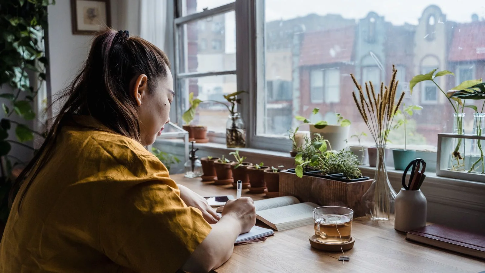 Woman writing a proposal in a notebook at a home office desk by a window