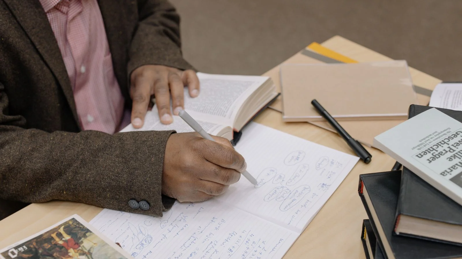Man writing notes while researching with books at a desk, building evidence for a contributor case