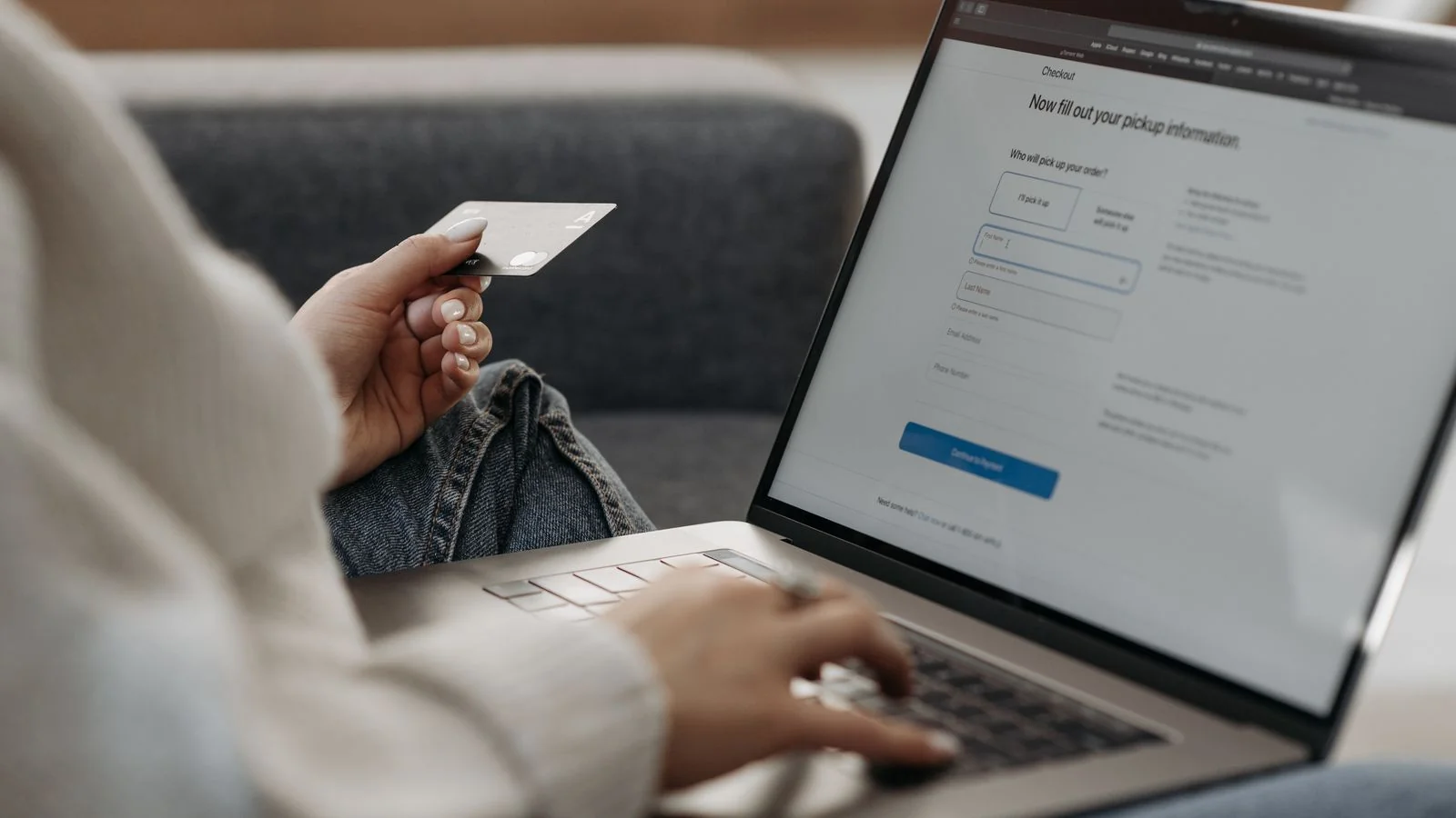A woman shopping online with a credit card and laptop, the buyer your description has to convince
