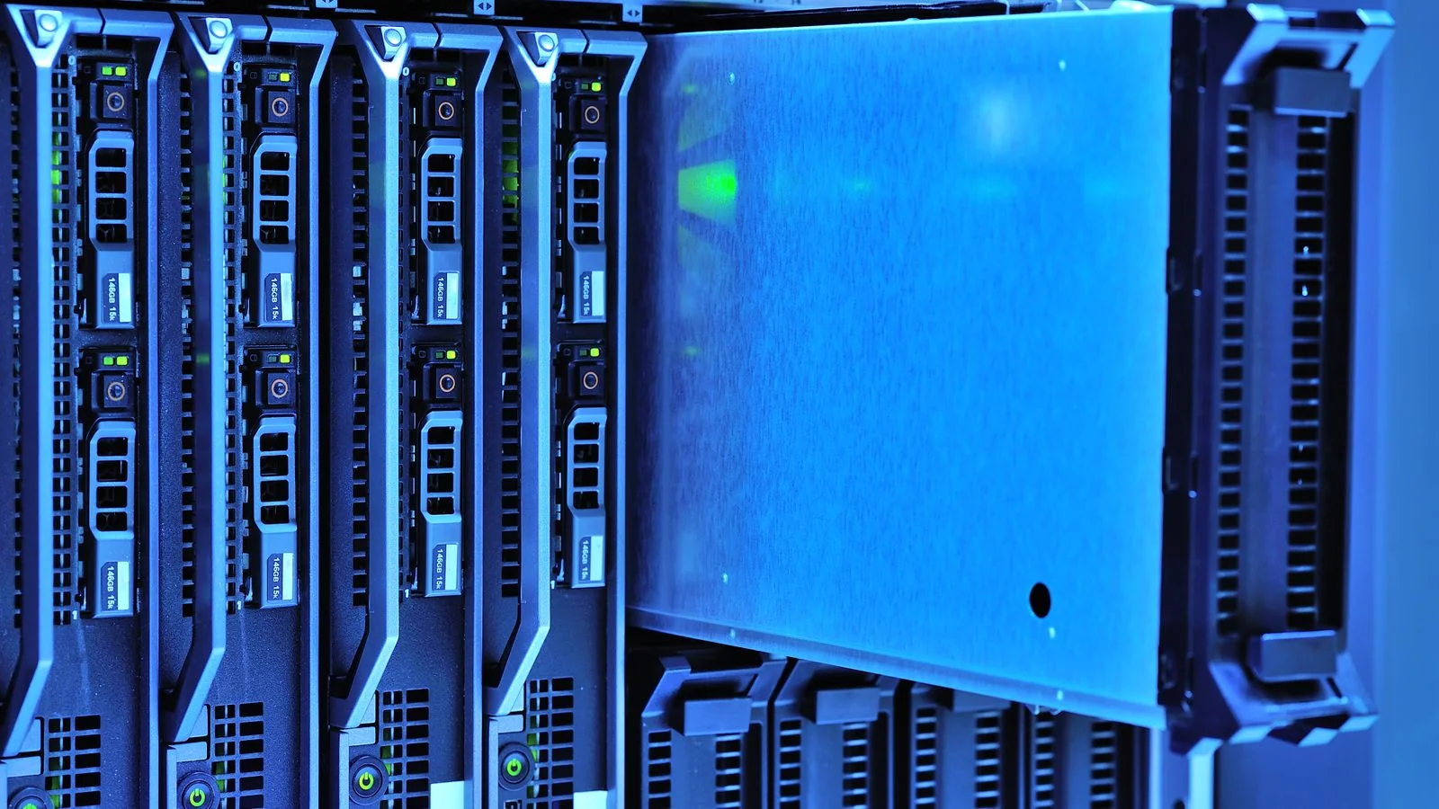 Server lights in a data center, a stand-in for the nodes and connections a knowledge graph holds
