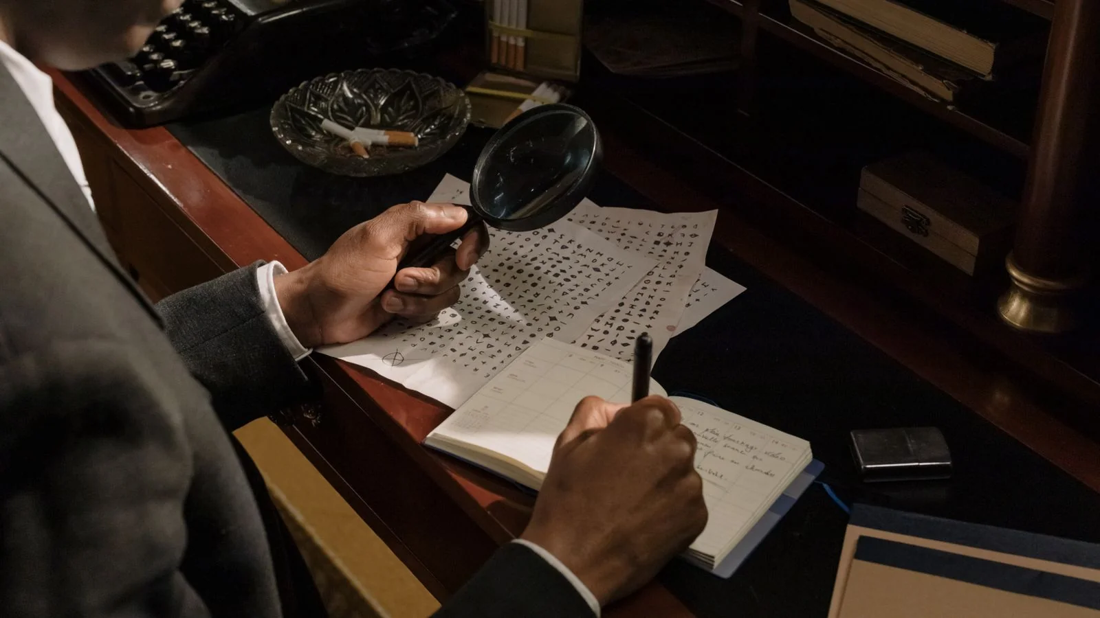 Detective analyzing documents with a magnifying glass, tracing where a description really comes from