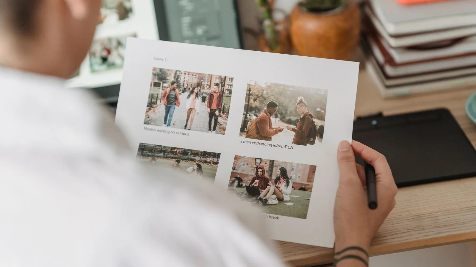 Photographer sorting printed portraits beside a laptop, choosing the right image for a knowledge panel