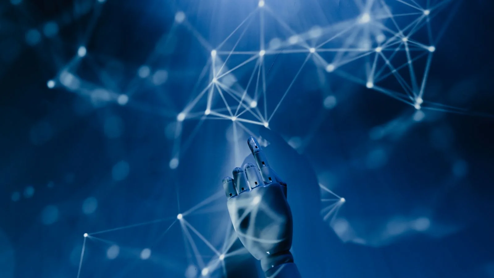 AI robot hand pointing to a digital network illustrating artificial intelligence data processing