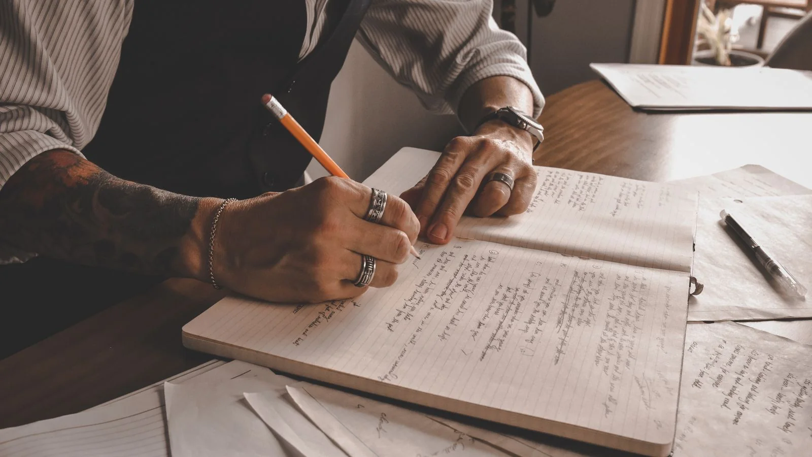 Hand writing in a notebook surrounded by papers, an author at work on a draft