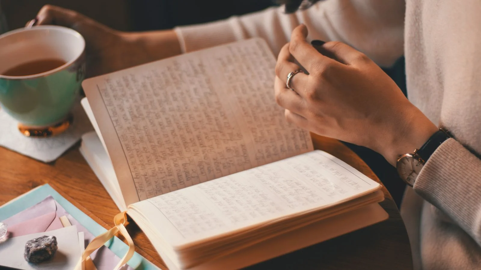 A woman writing in a journal at a wooden table with a coffee, the first step in the work