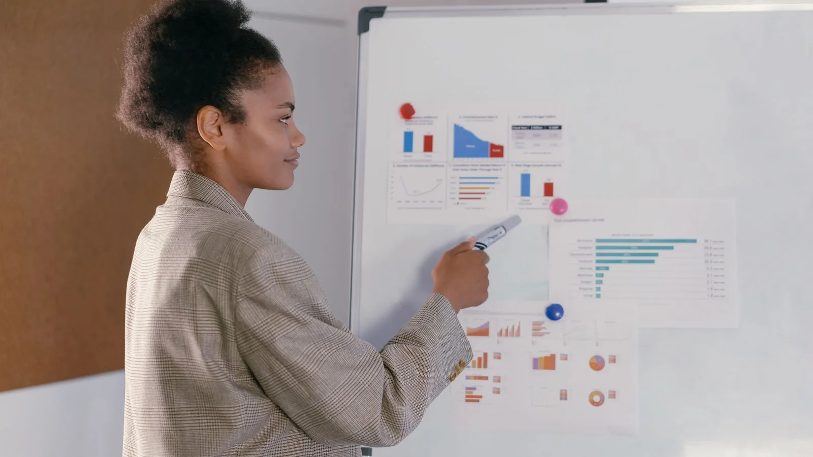 A professional presenting performance charts on a whiteboard during a strategy review