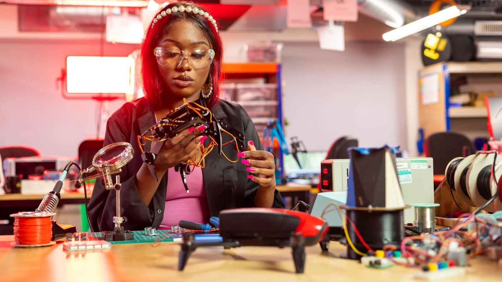 An engineer assembling a working prototype in a workshop, the tangible invention a patent protects