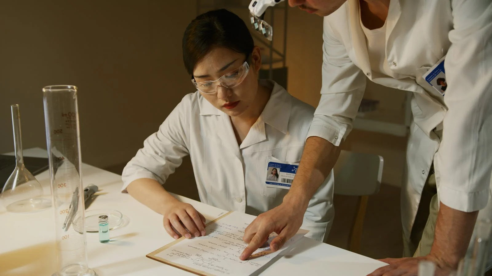Researchers in lab coats reviewing study documentation together at a workbench