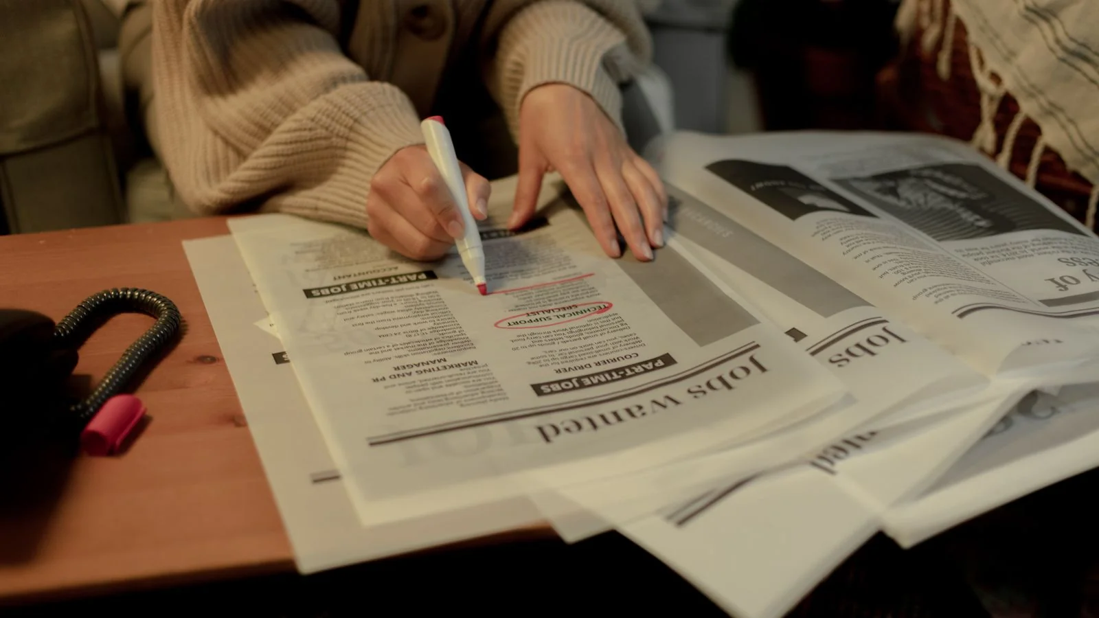 A reader marking up the business section of a printed newspaper