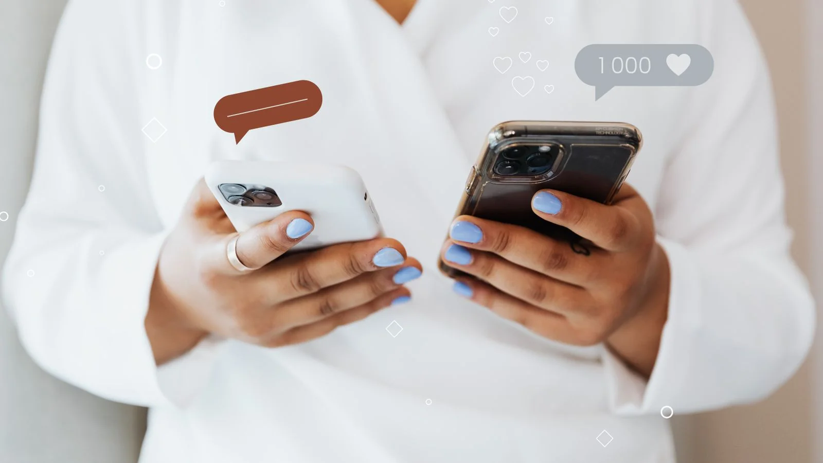 A person engaging with social media notifications on two smartphones