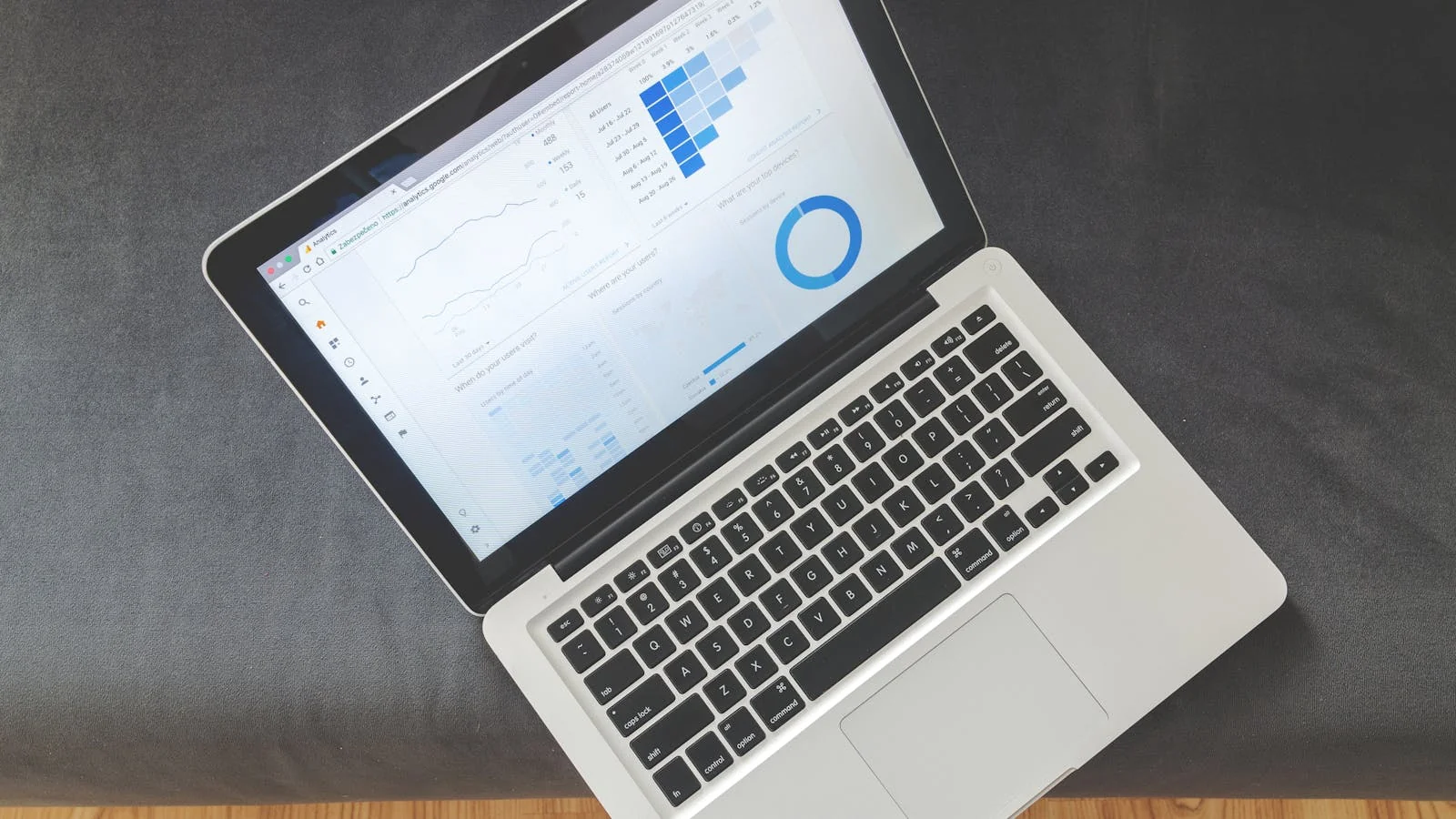 An open laptop showing colorful data charts and graphs