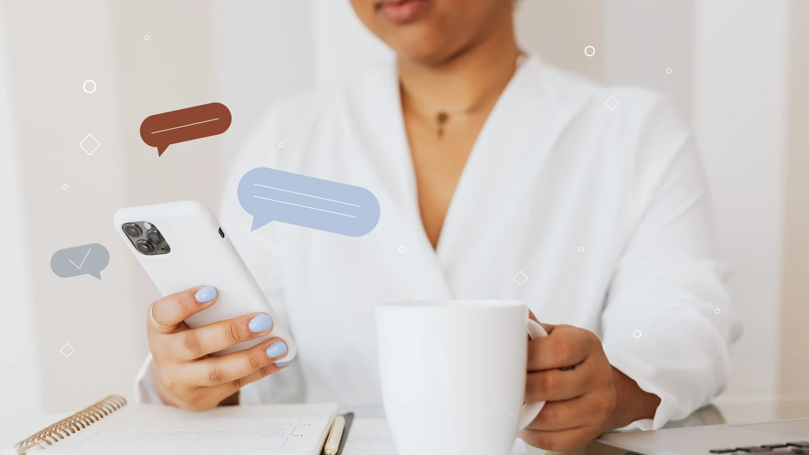 A customer using a smartphone while holding a coffee, the everyday moment a local recommendation reaches them