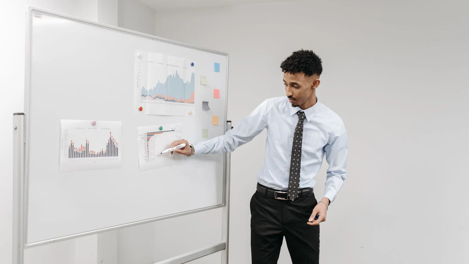 A leader presenting charts on a whiteboard during a business meeting, the room where authority gets tested