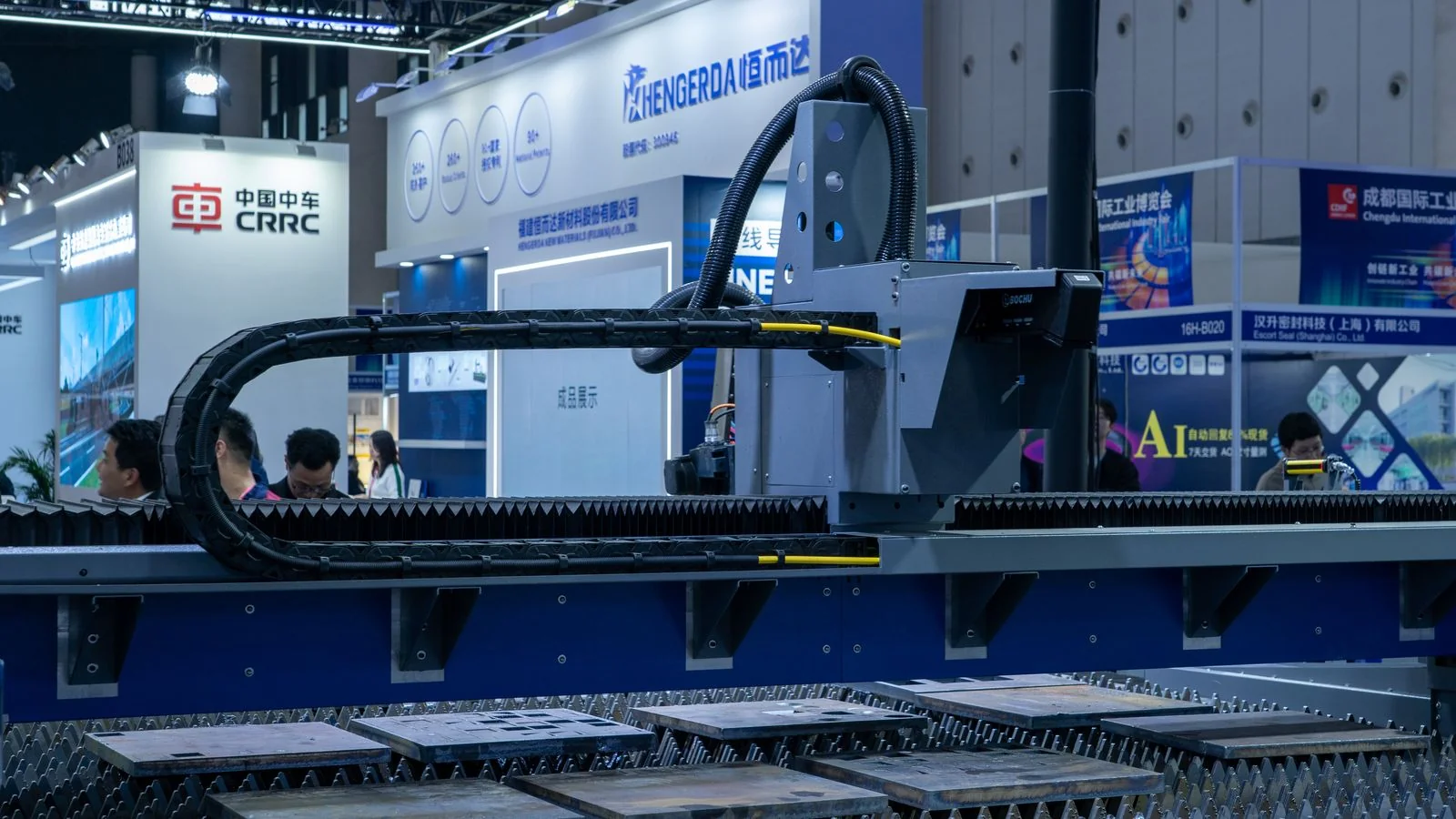 Industrial machinery on display at a trade fair booth, a hands-on demo worth a press release angle