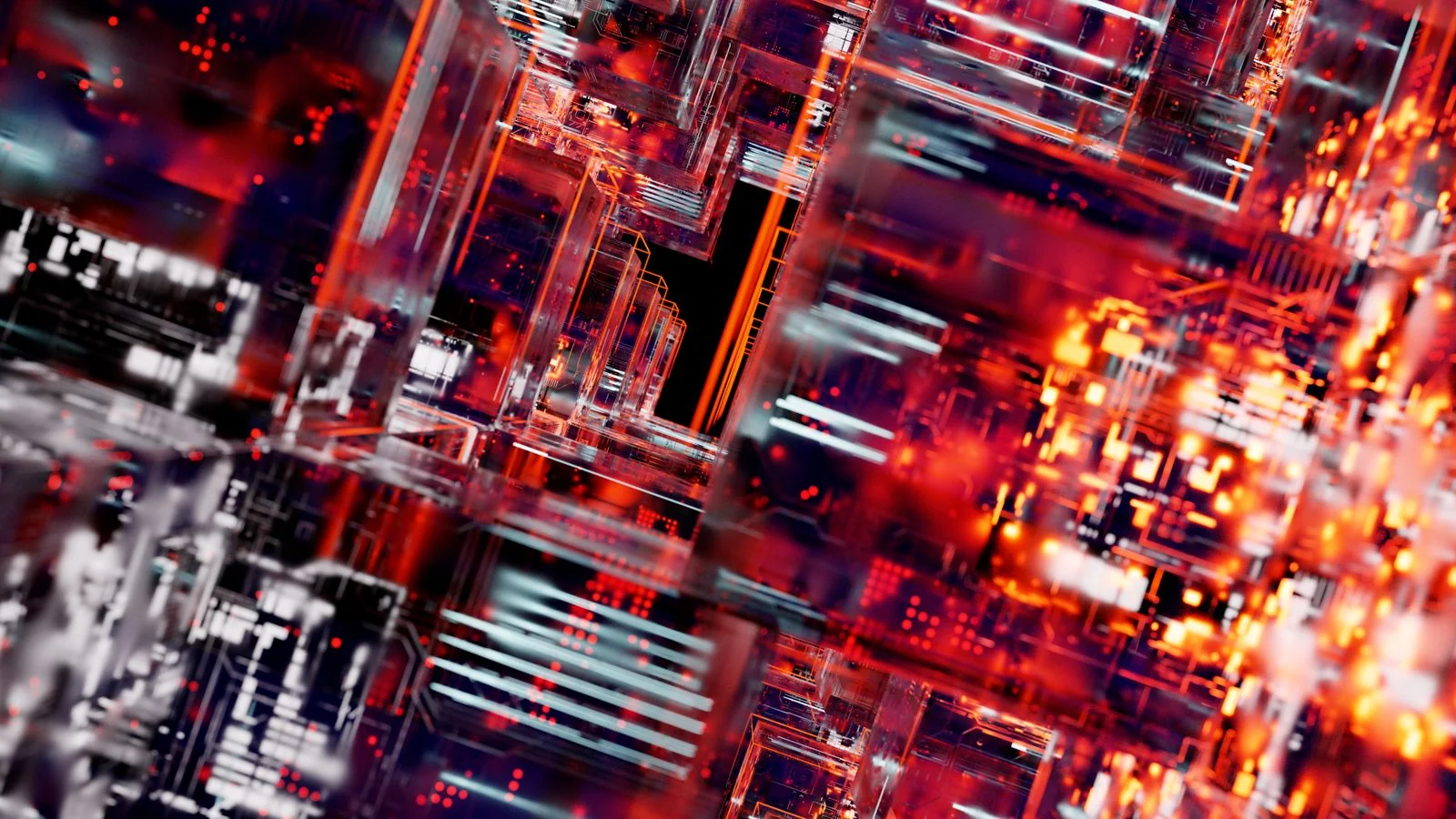 Abstract digital circuit blocks with LED lights, like the connected entity records inside Google's Knowledge Graph