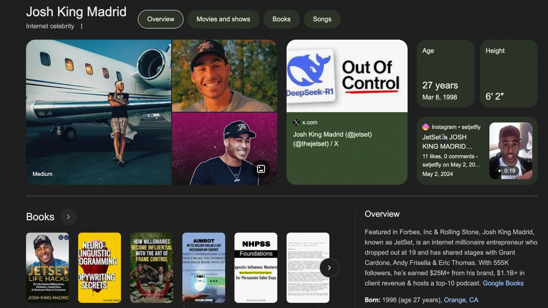 Google Knowledge Panel example — Josh King Madrid