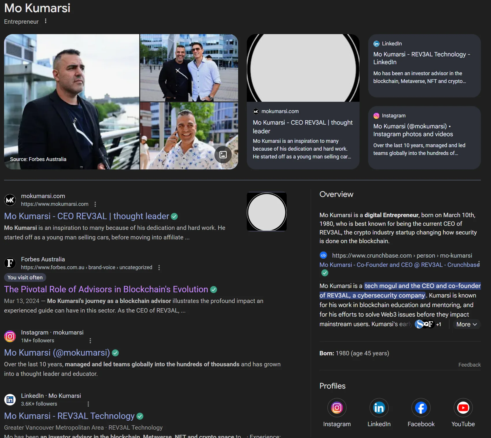 Example of a Google search result page after a GoogleMe Personal program — Knowledge Panel, news articles, wiki pages, and brand site dominating page one